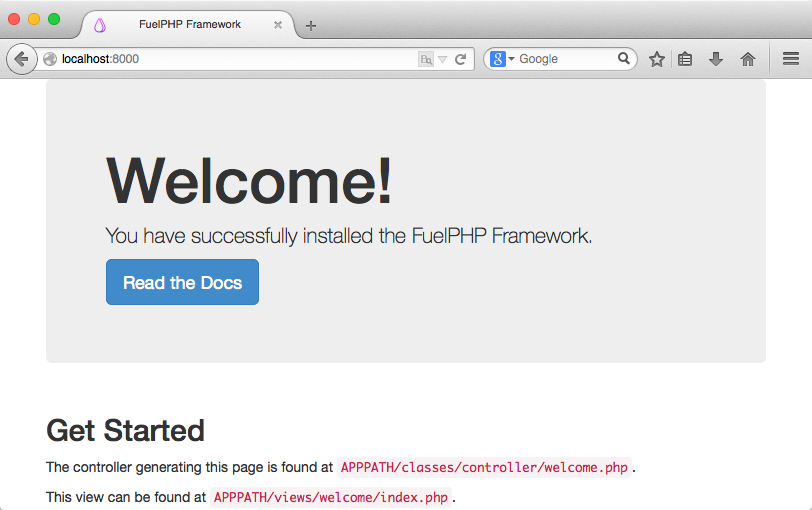 FuelPHP Welcomeページのスクリーンショット（インラインstyle禁止）